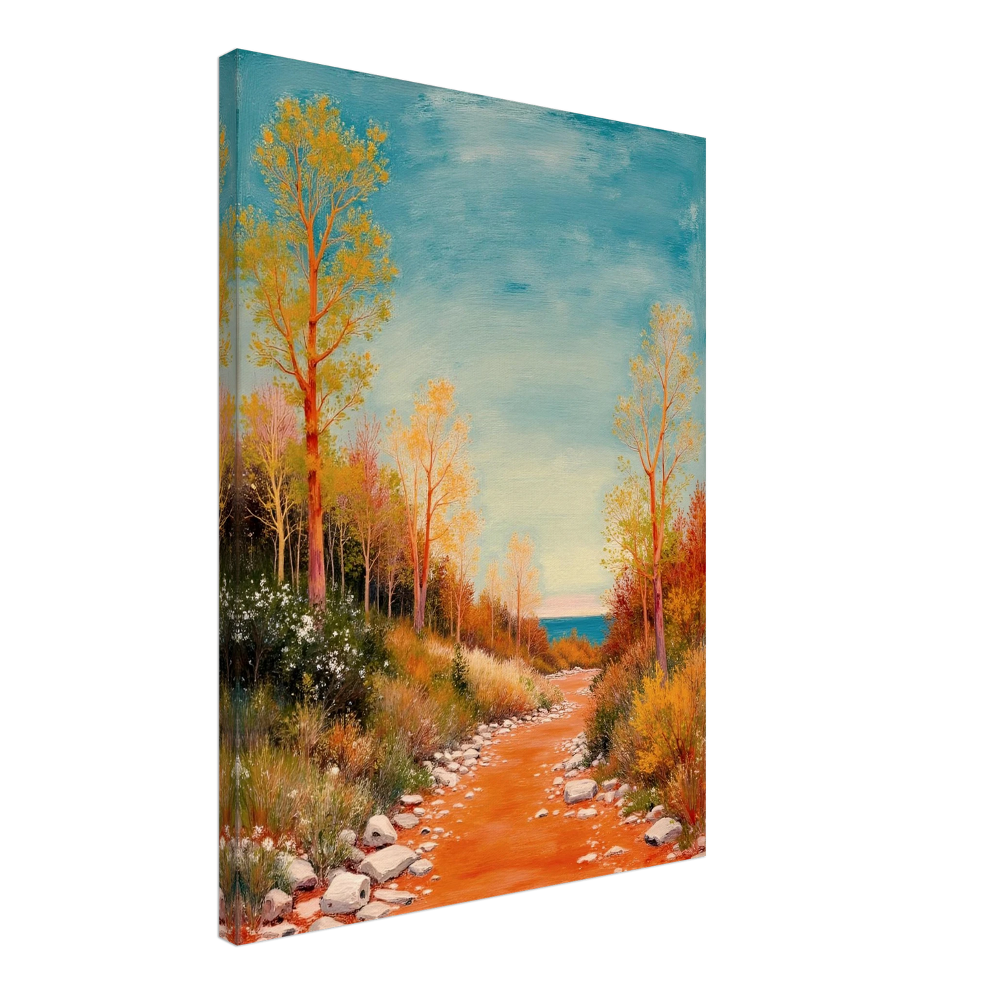 A vivid autumn trail lined with golden trees leads to a calm blue horizon, blending warmth, peace, and gentle adventure.