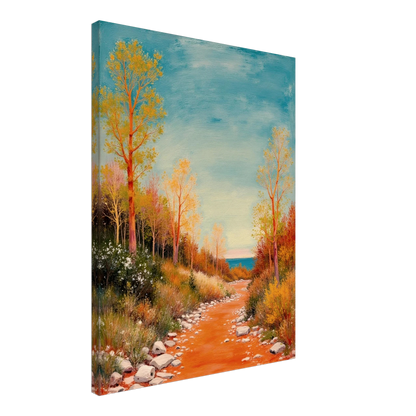 A vivid autumn trail lined with golden trees leads to a calm blue horizon, blending warmth, peace, and gentle adventure.