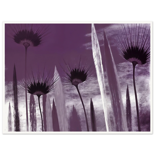 Tall spiky flowers in dark violet silhouettes reach upward against a cloudy lavender sky, evoking mystery and calm.