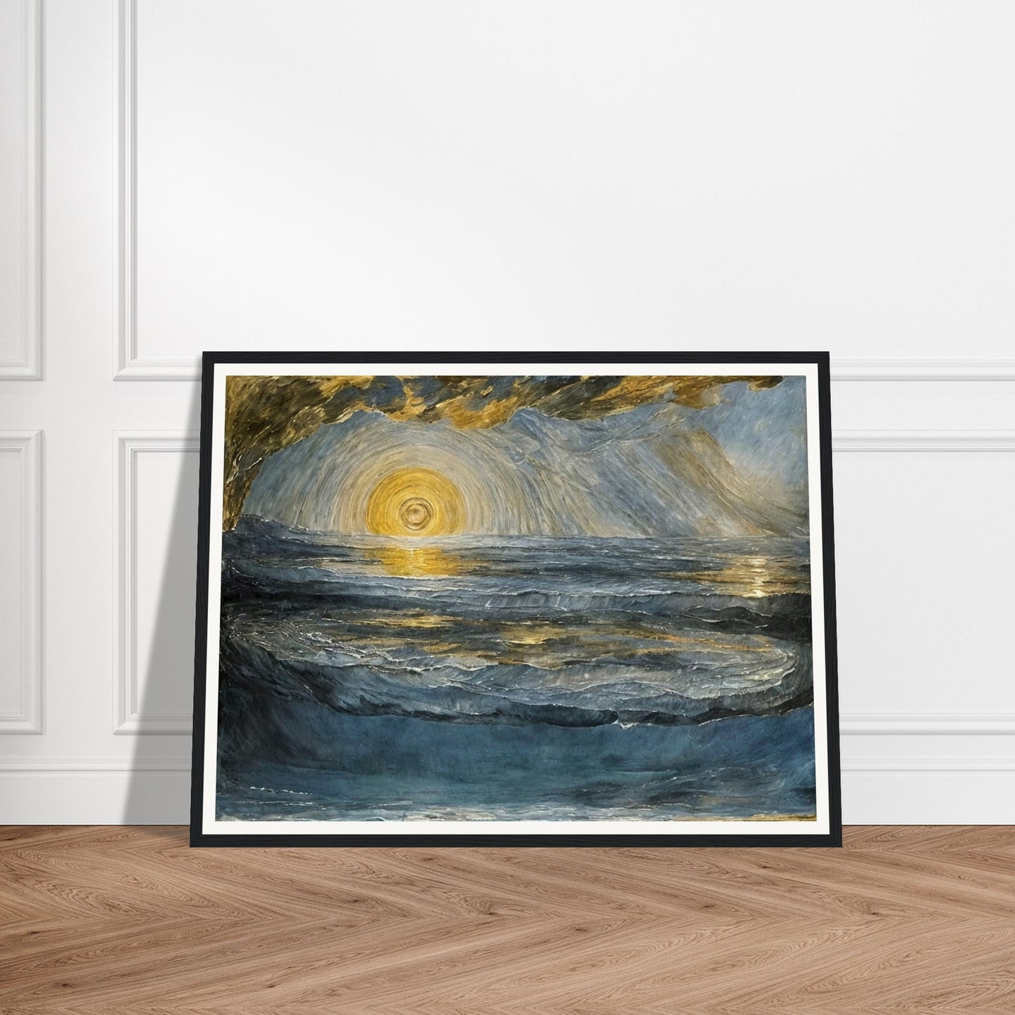 A stunning seascape painting with a radiant golden sun reflecting on the rippling waves, surrounded by dramatic clouds and cool blue tones.