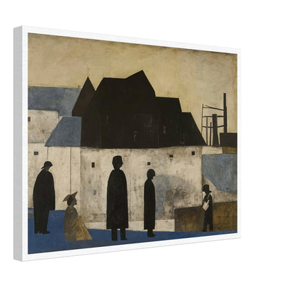 A painting of silhouetted figures in a townscape with dark buildings and industrial structures against a muted sky.