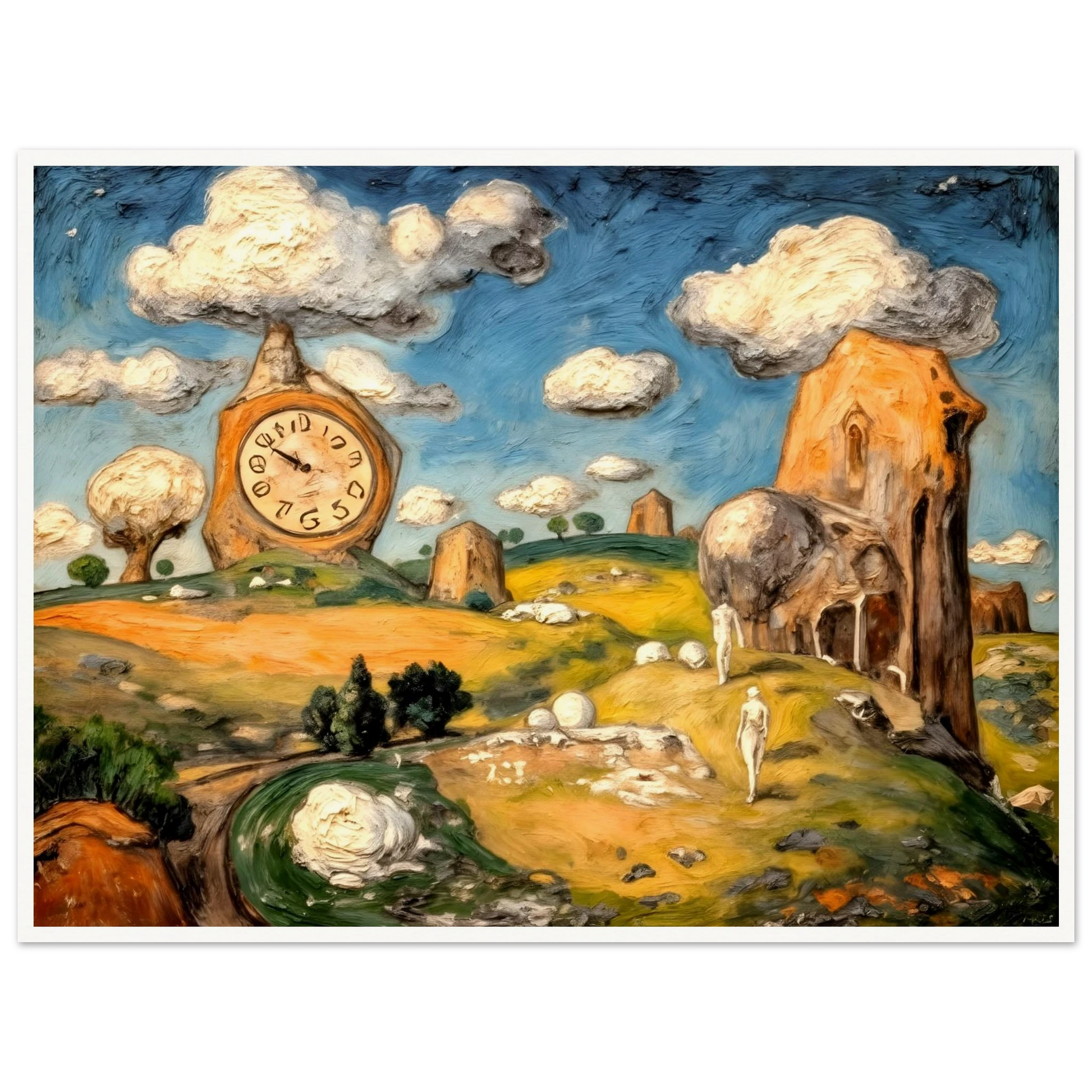 A surreal fantasy landscape featuring a distorted clock tower, cloud-capped buildings, rolling hills, and wandering figures beneath a bright blue sky filled with floating clouds.