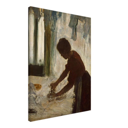 A woman leans over a table ironing white fabric, silhouetted against a softly lit laundry interior.