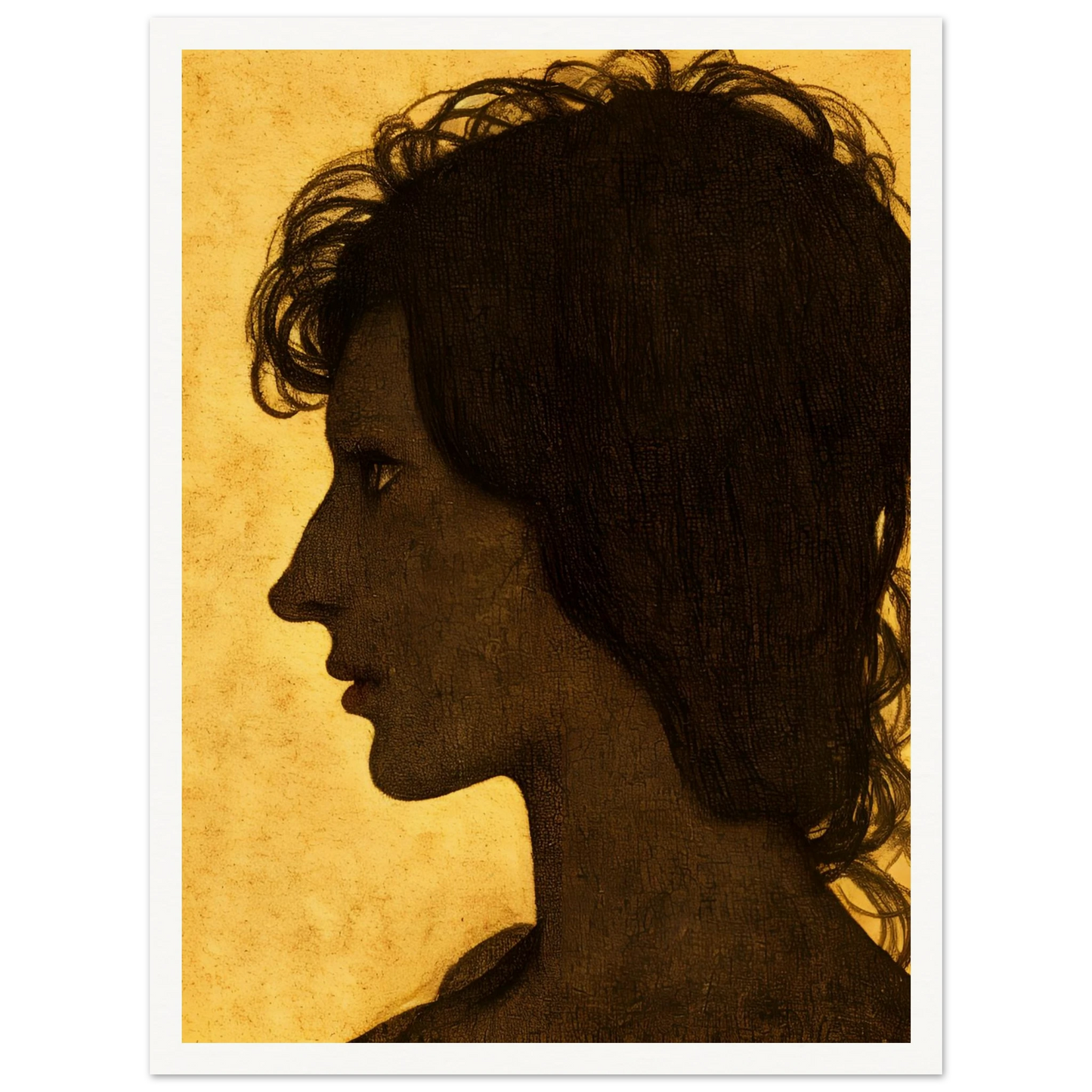 A textured profile silhouette of a woman set against a warm ochre background, capturing introspection and quiet strength.
