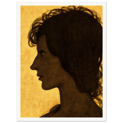 A textured profile silhouette of a woman set against a warm ochre background, capturing introspection and quiet strength.