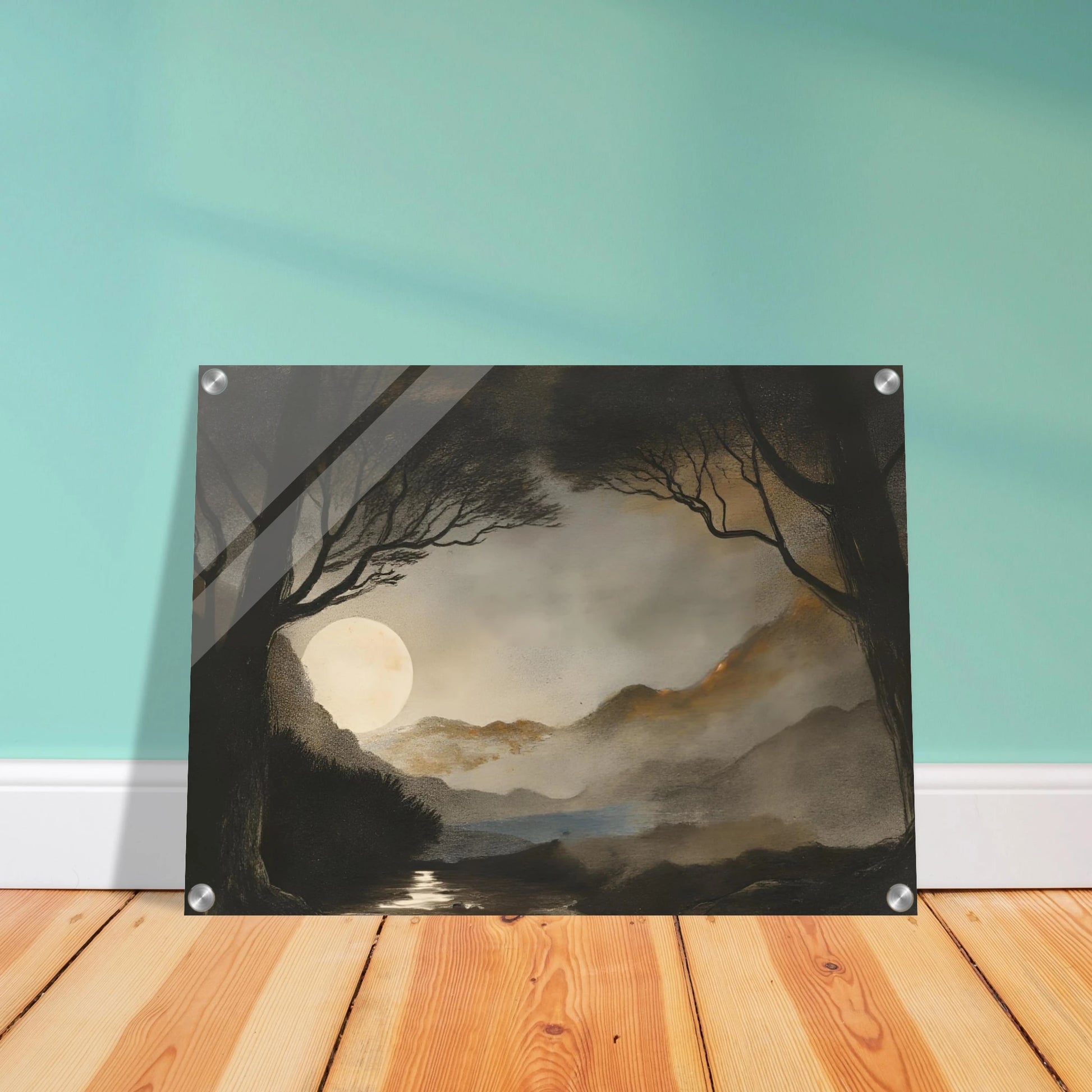 A dreamy night scene of a full moon casting light over misty mountains, dark trees, and a reflective stream.