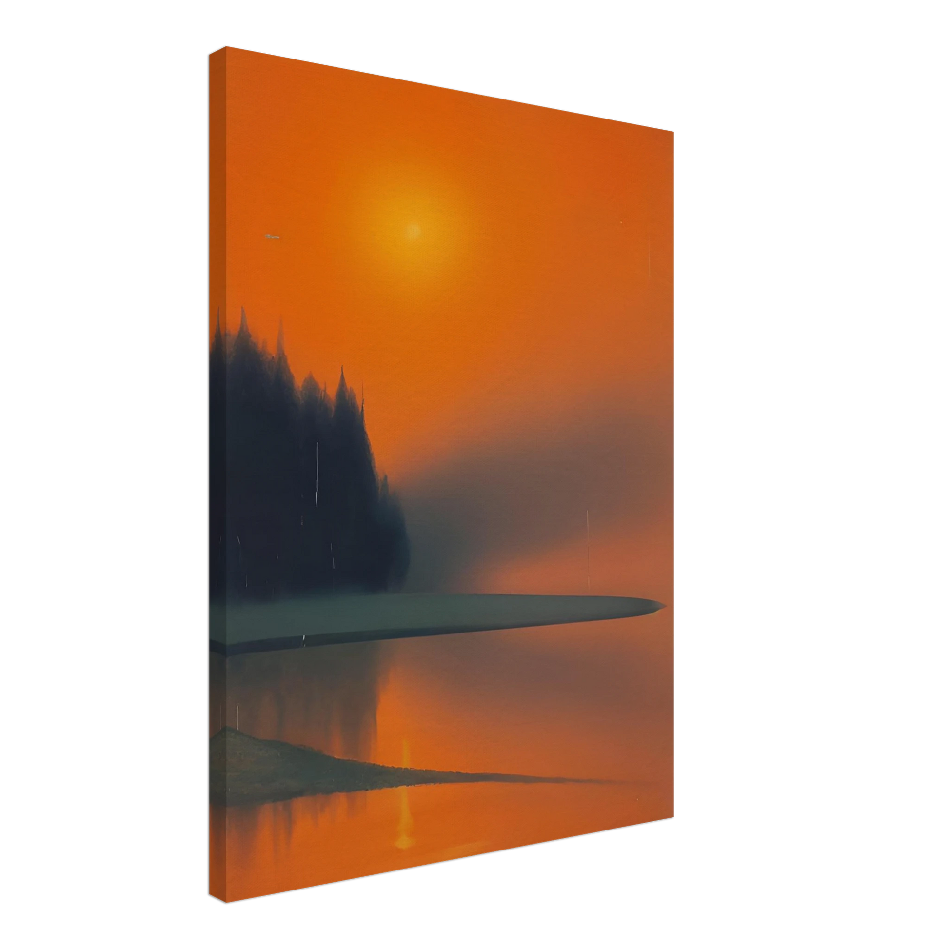 A misty lakeside at sunset, glowing in deep orange and shadowed green tones, evoking quiet beauty and fading warmth.