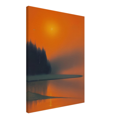 A misty lakeside at sunset, glowing in deep orange and shadowed green tones, evoking quiet beauty and fading warmth.