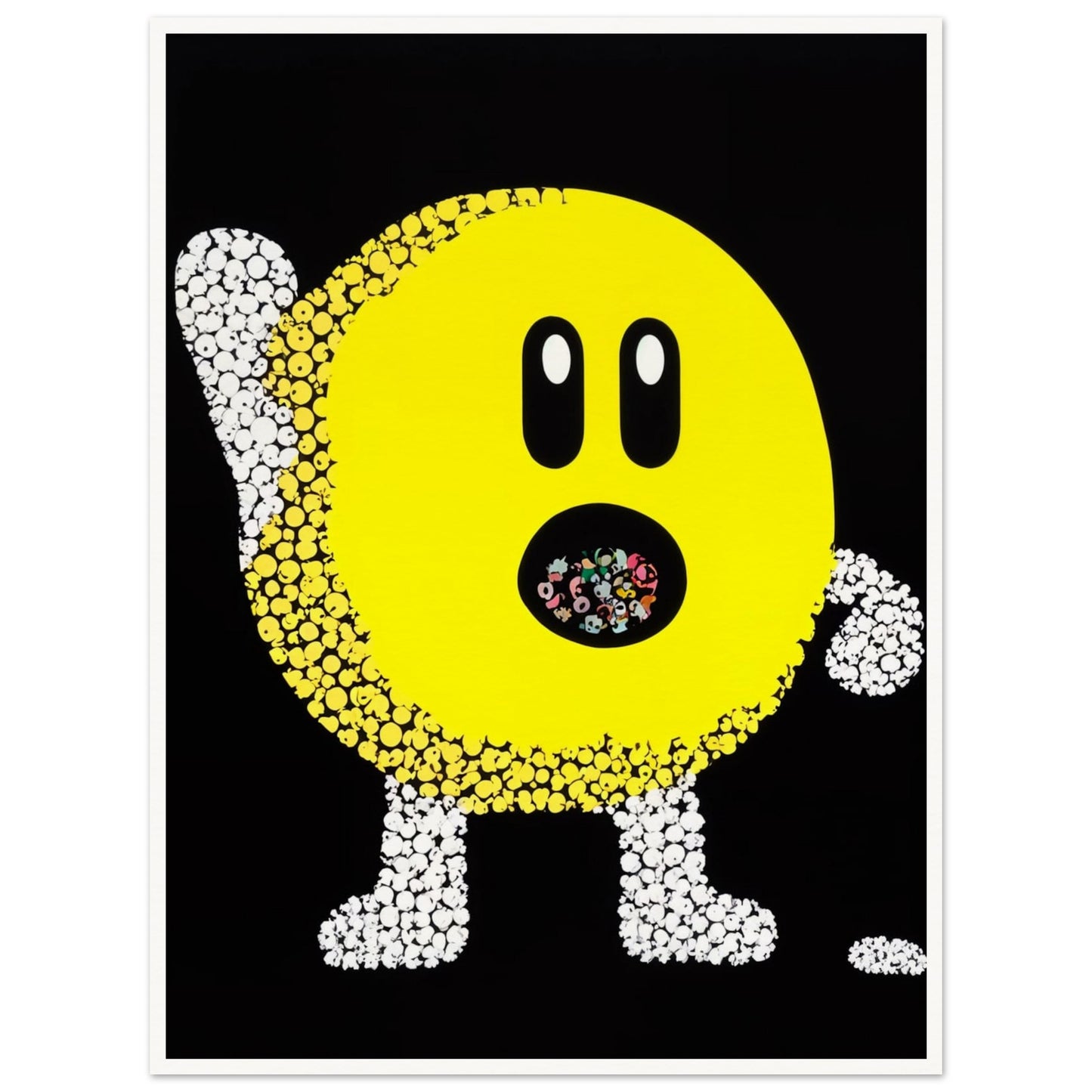 A playful pop-art depiction of a yellow circular figure made up of small white and yellow dots, with an open mouth filled with colorful shapes on a black background.