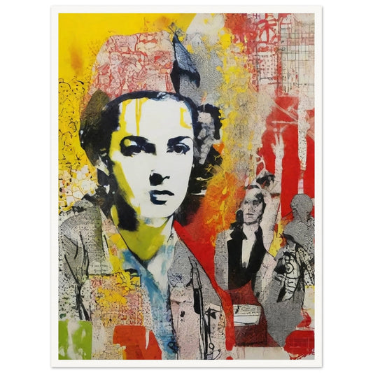 "Bold and colorful collage-like portrait of a serious woman with layers of red, yellow, and abstract patterns in the background."