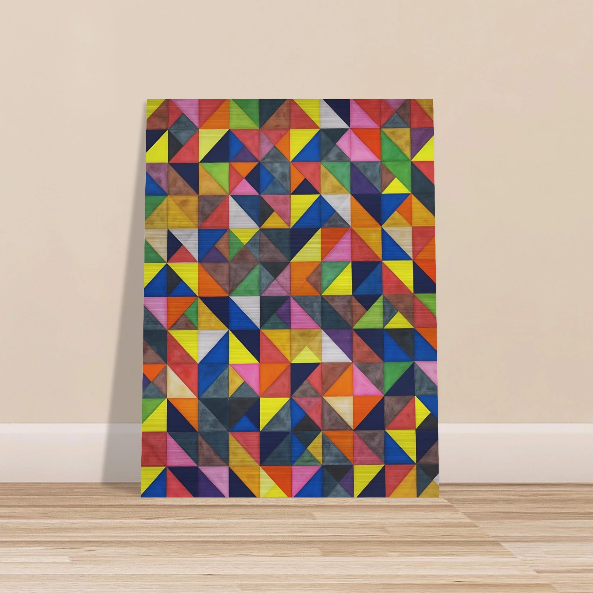 A vibrant grid of multicolored triangles forms an intricate mosaic of shifting patterns, blending symmetry, movement, and playful precision.