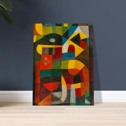 An abstract painting with bold geometric shapes and a mix of vibrant colors, creating a sense of dynamic symmetry.