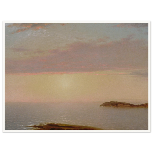 A quiet sea at sunset with pink clouds, soft golden light, and a small island on the horizon.