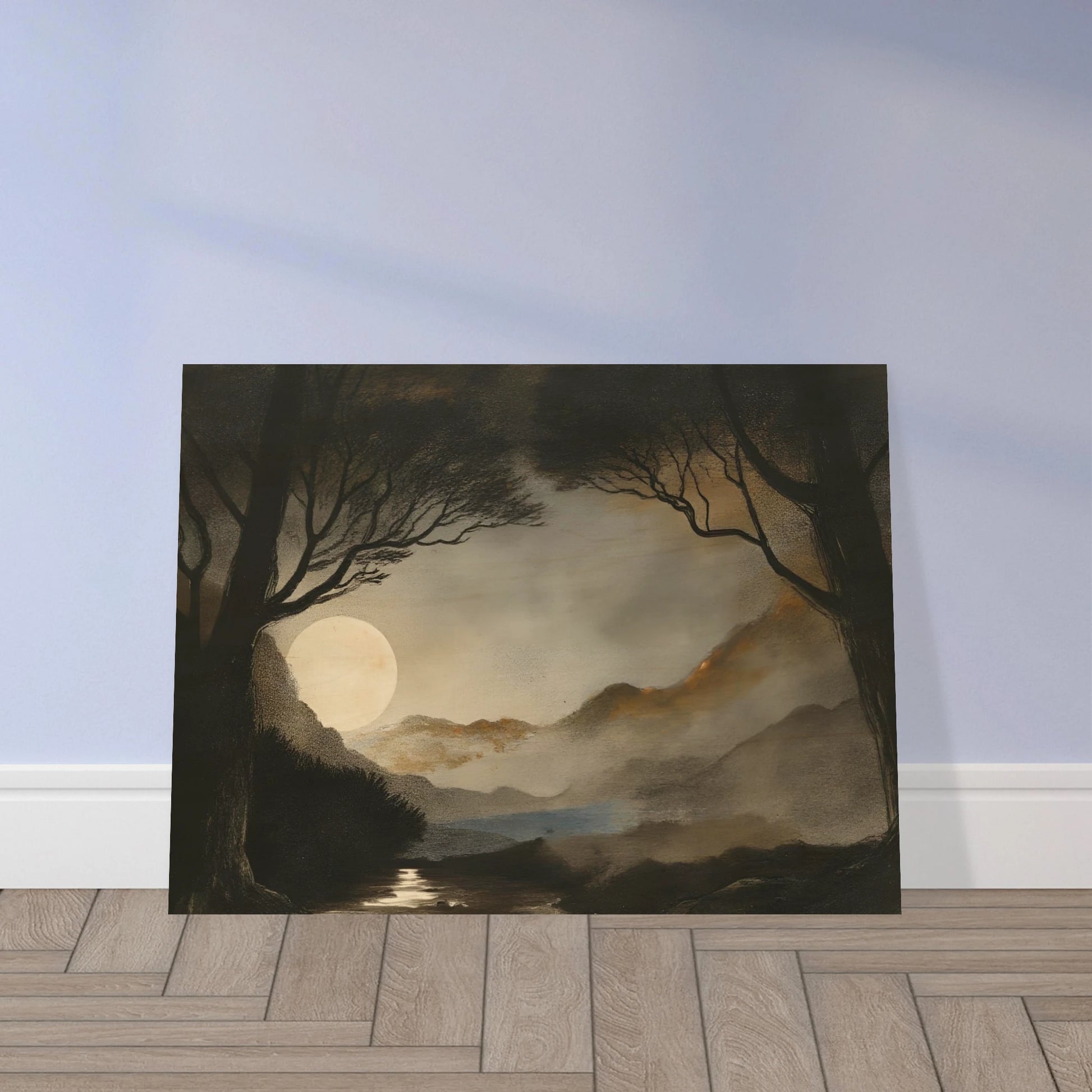 A dreamy night scene of a full moon casting light over misty mountains, dark trees, and a reflective stream.