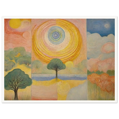 A vibrant painting featuring a large sun at the center, surrounded by abstract trees and colorful landscapes on either side.