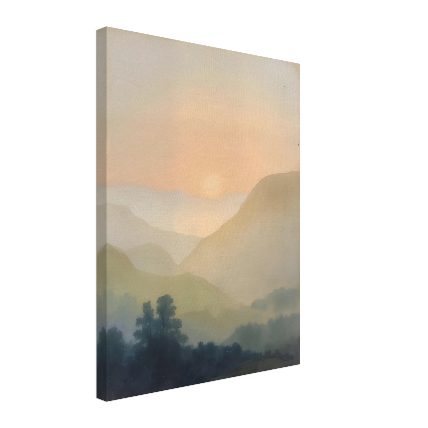 Soft sunrise glows over misty layered hills and dark trees in a quiet pastel landscape.