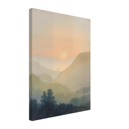 Soft sunrise glows over misty layered hills and dark trees in a quiet pastel landscape.