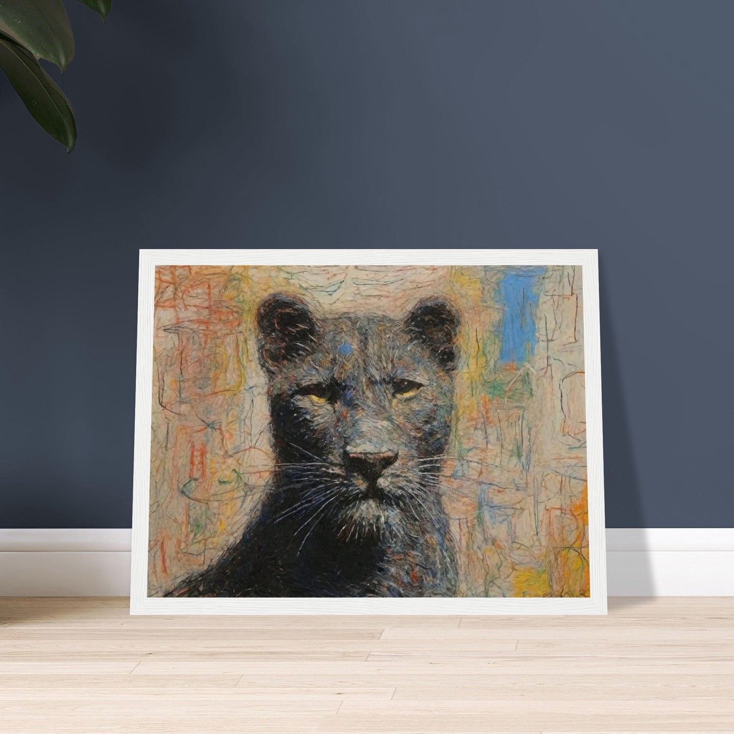 A powerful and regal painting of a panther with piercing yellow eyes and a colorful abstract background.