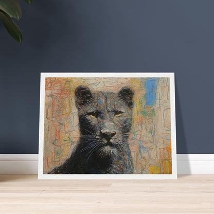 A powerful and regal painting of a panther with piercing yellow eyes and a colorful abstract background.