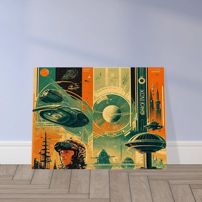 A vibrant, futuristic scene featuring a space traveler amidst advanced spacecraft, towering space structures, and a distant planet's atmosphere in bold shades of orange, teal, and blue.