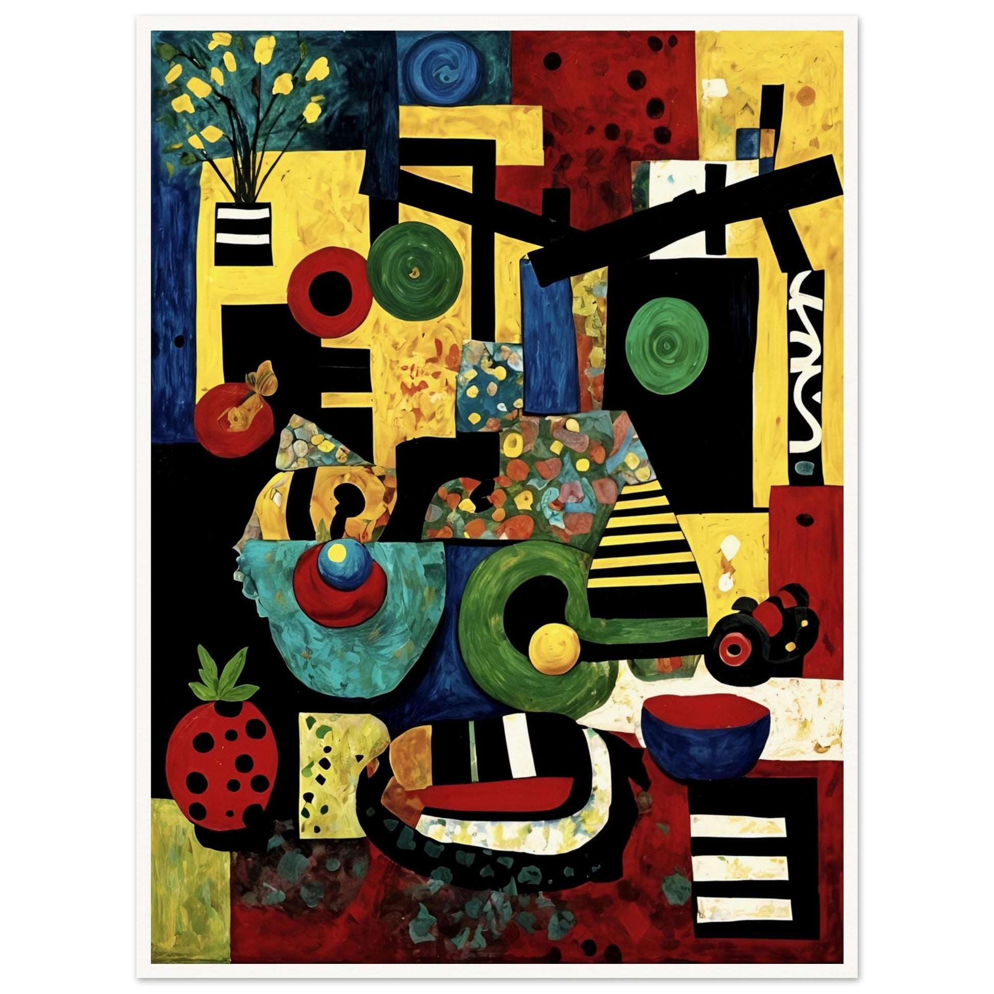 A vibrant cubist-style painting featuring geometric shapes, colorful fruit, abstract objects, and bold patterns in red, yellow, green, and blue.