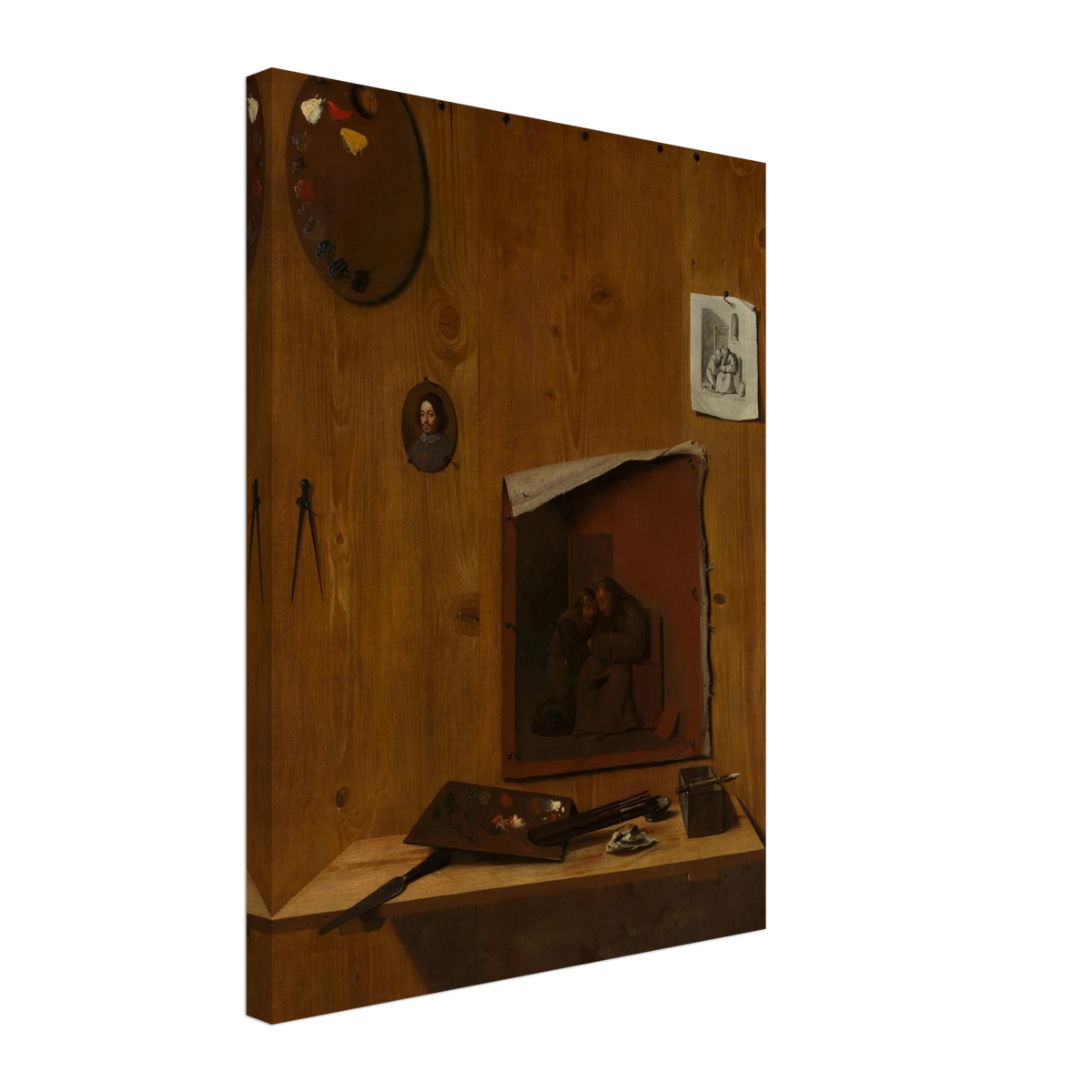 Artist palettes, brushes, prints, and a small painting hang on a wooden trompe l’oeil wall.