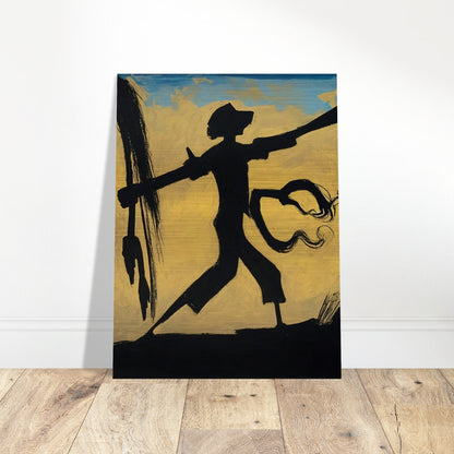 A dynamic silhouette of a warrior holding a spear against a warm, abstract background, capturing movement and strength.