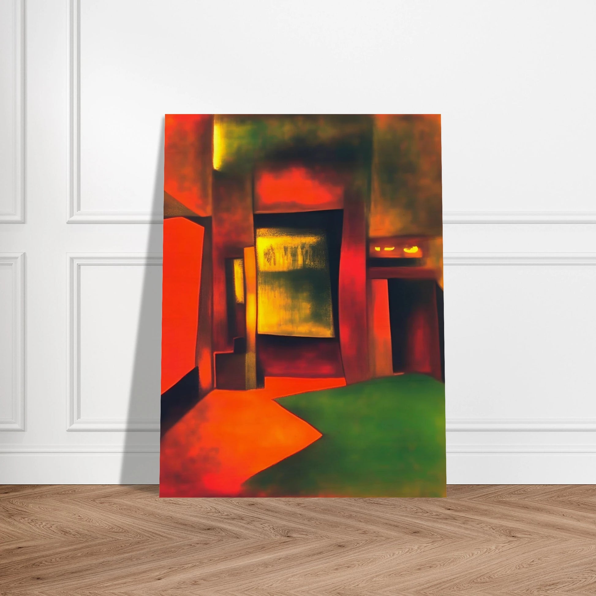 An interior-like scene bathed in glowing red, gold, and green light, forming bold shapes that evoke mystery and warmth.