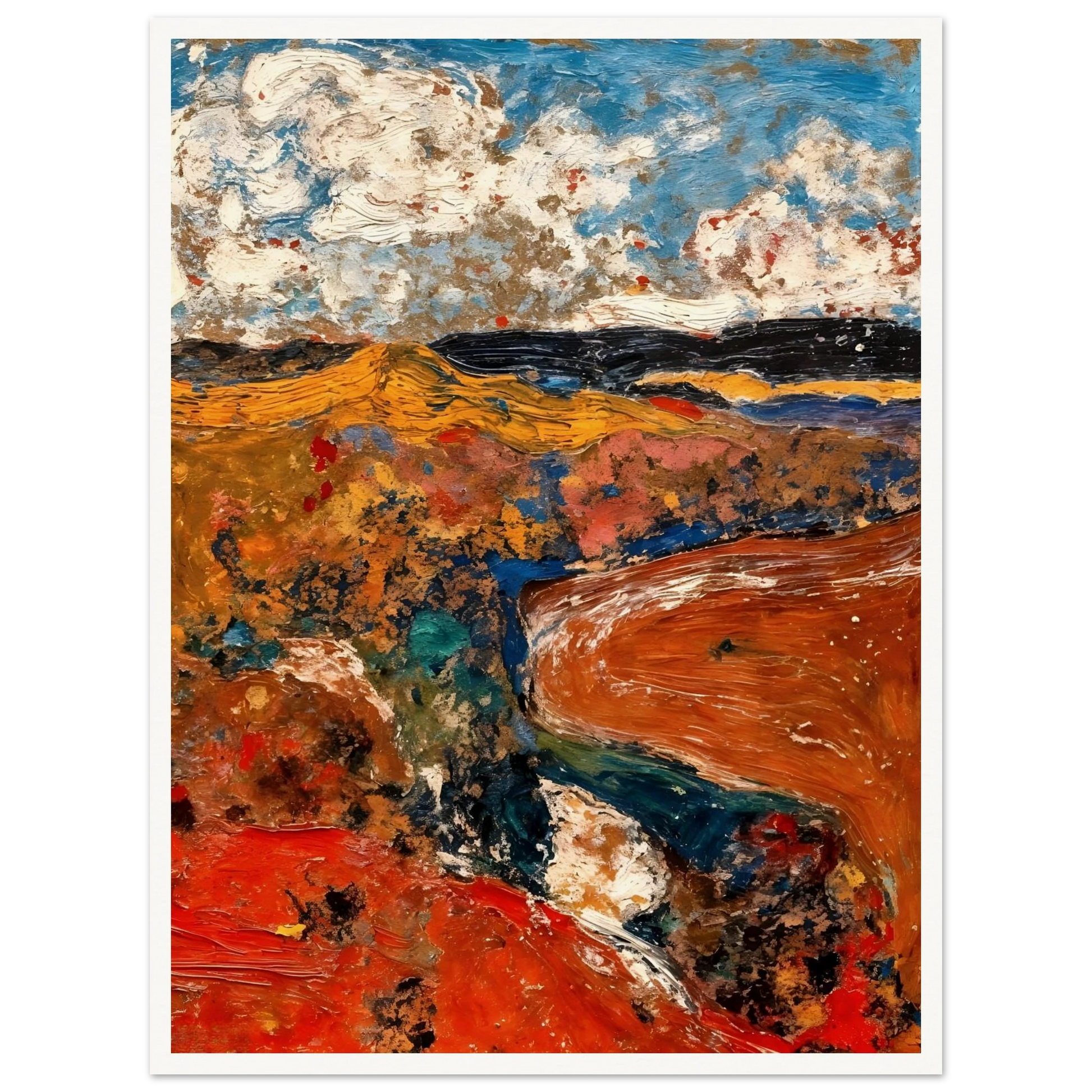 A richly textured abstract landscape featuring vivid red and orange earth tones, deep blue waterways, rolling golden fields, and dramatic cloud-filled skies rendered with expressive brushwork.