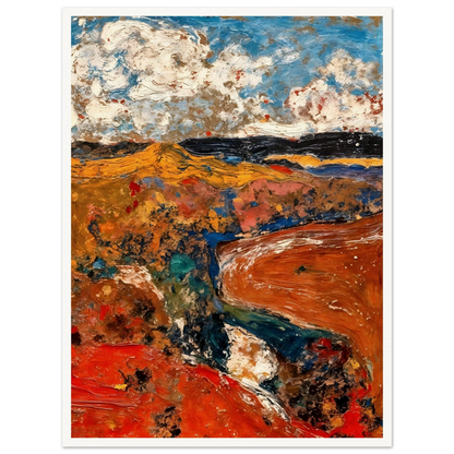 A richly textured abstract landscape featuring vivid red and orange earth tones, deep blue waterways, rolling golden fields, and dramatic cloud-filled skies rendered with expressive brushwork.