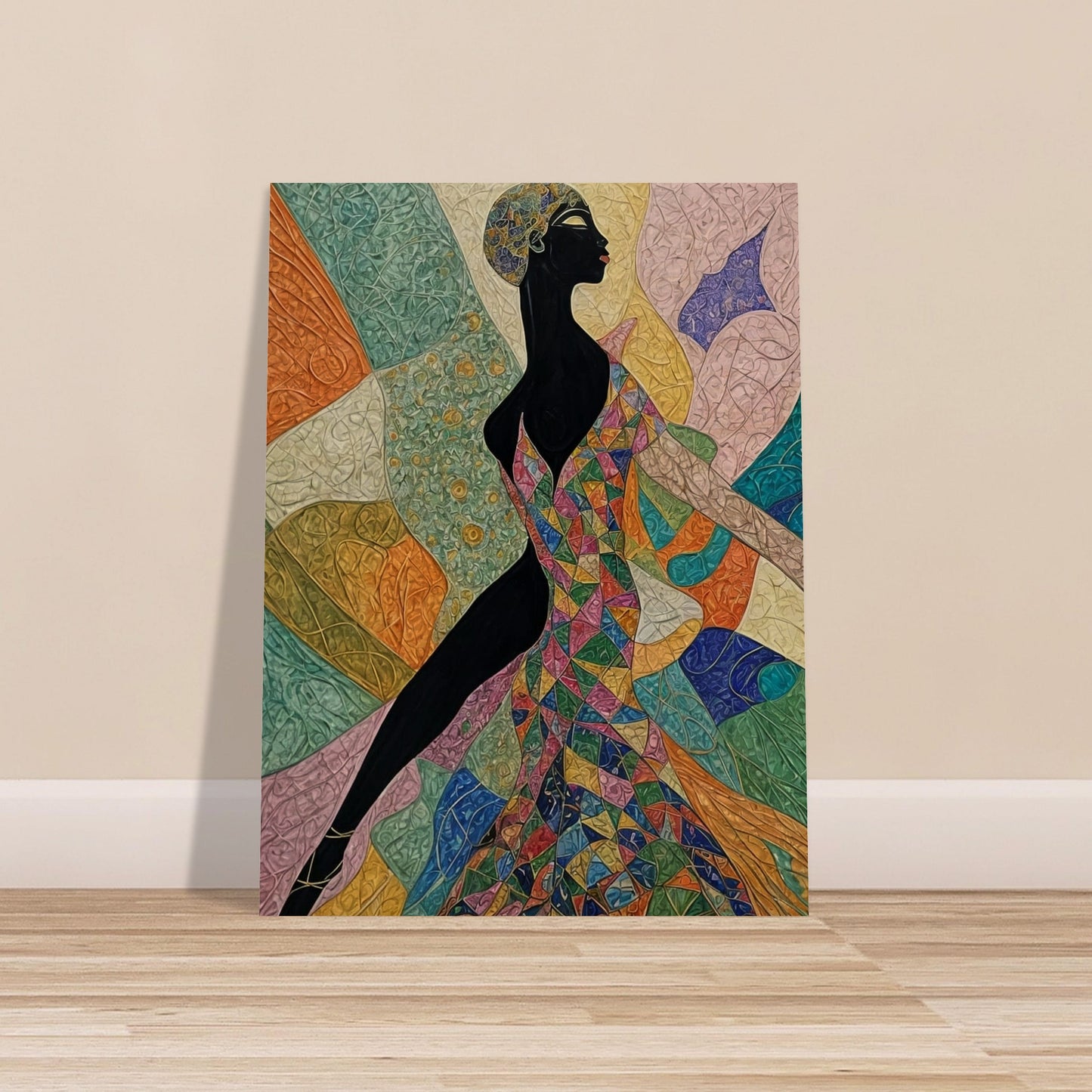 "A dynamic painting featuring a woman in a bold, geometric dress full of colors, poised in elegant motion, set against a vibrant abstract background."