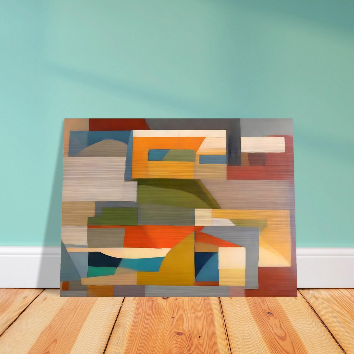 A geometric abstract painting with overlapping shapes in earthy tones of orange, yellow, green, blue, and beige, creating a harmonious composition.