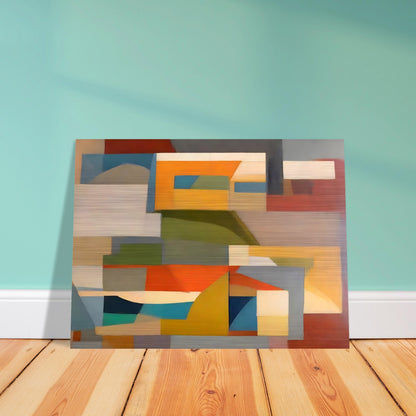 A geometric abstract painting with overlapping shapes in earthy tones of orange, yellow, green, blue, and beige, creating a harmonious composition.