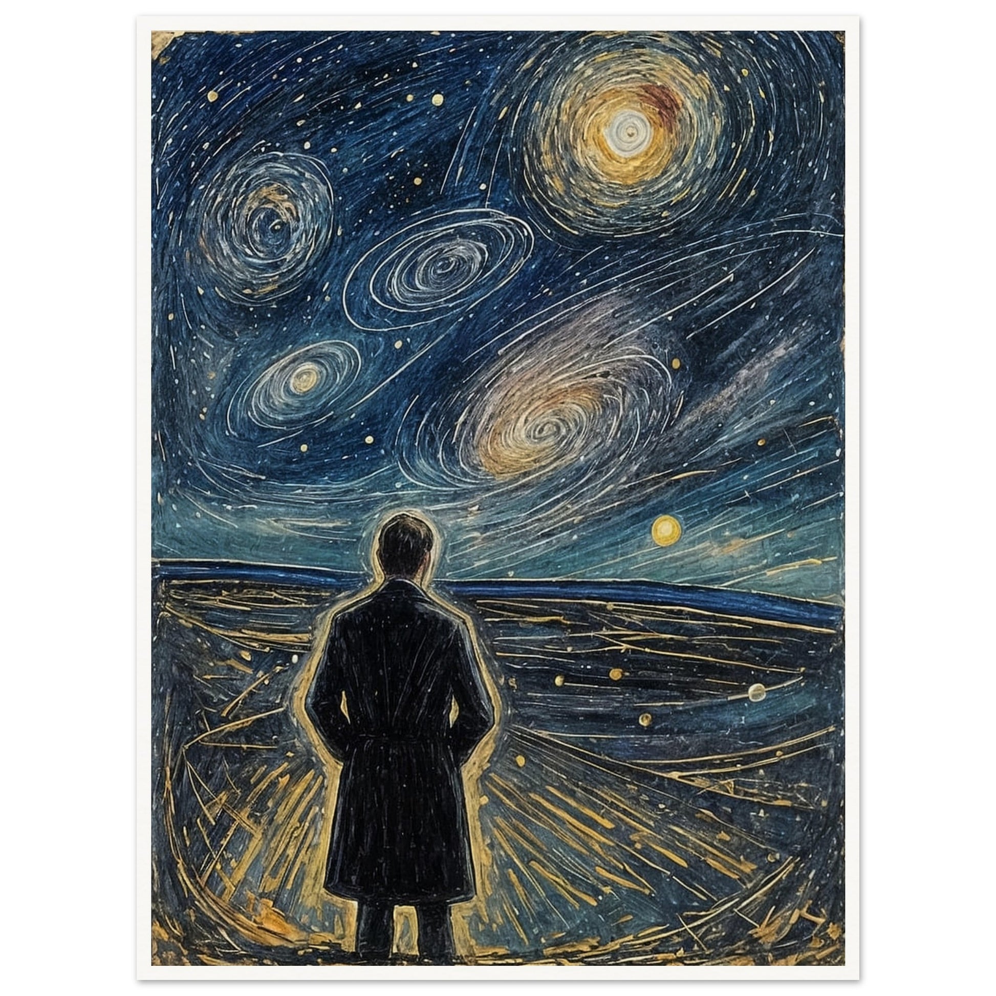 A figure stands on a vast plain, gazing up at a swirling, star-filled night sky with spiral galaxies glowing above.