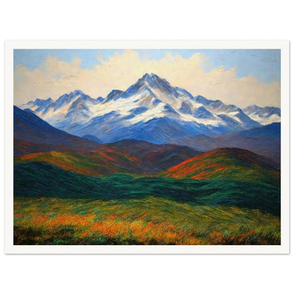 A majestic landscape painting of snow-capped mountains towering over vibrant green and orange fields, under a bright, peaceful sky.