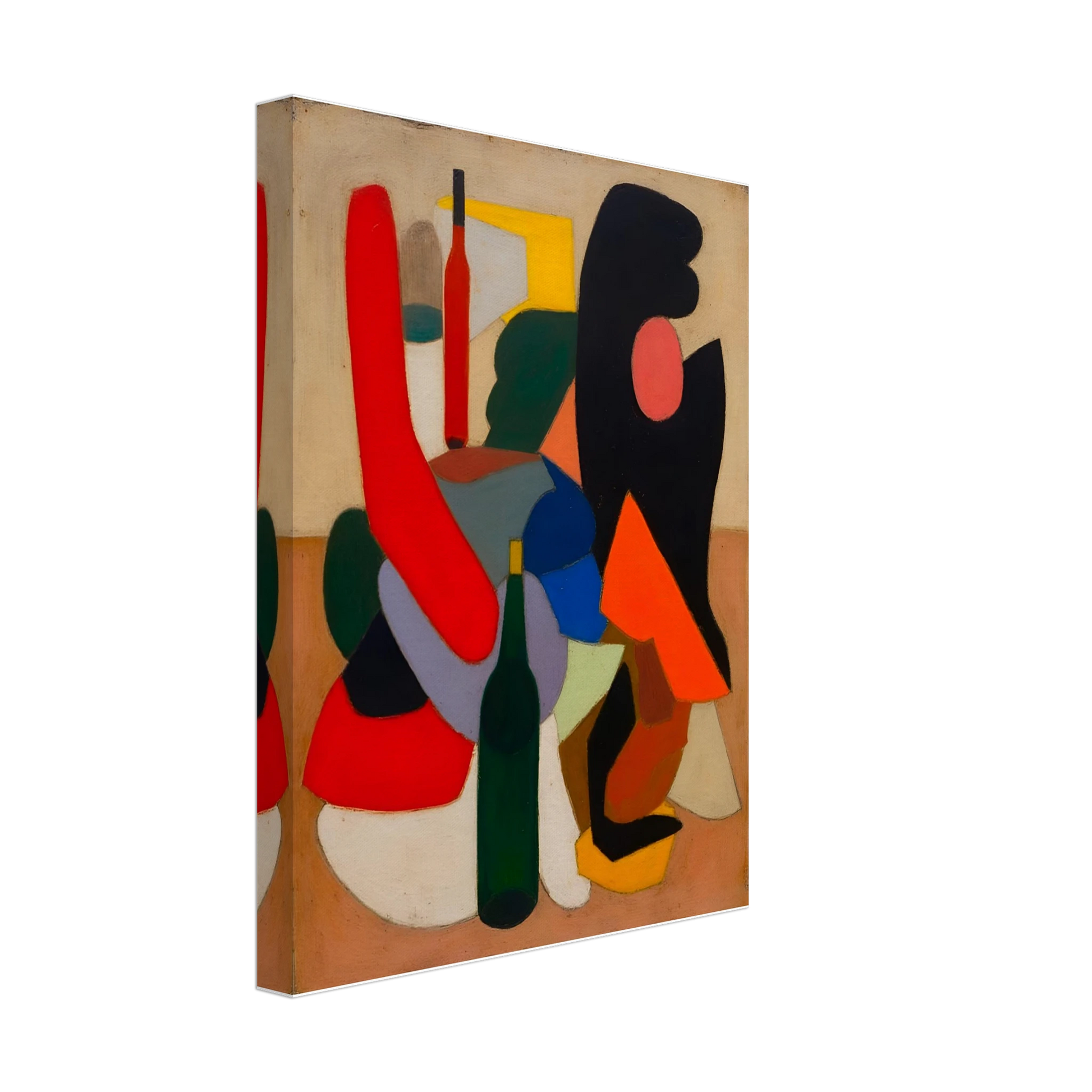 Bold bottles and curved red, black, blue, and orange forms gather in a modern still life.