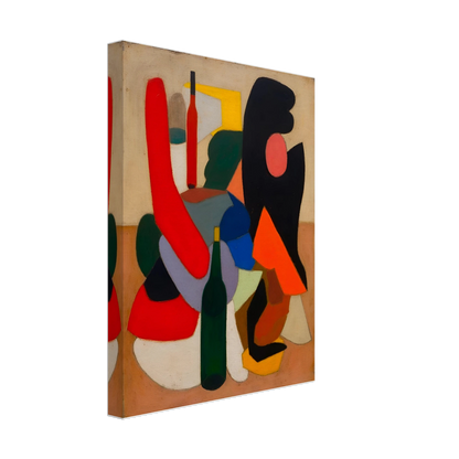 Bold bottles and curved red, black, blue, and orange forms gather in a modern still life.