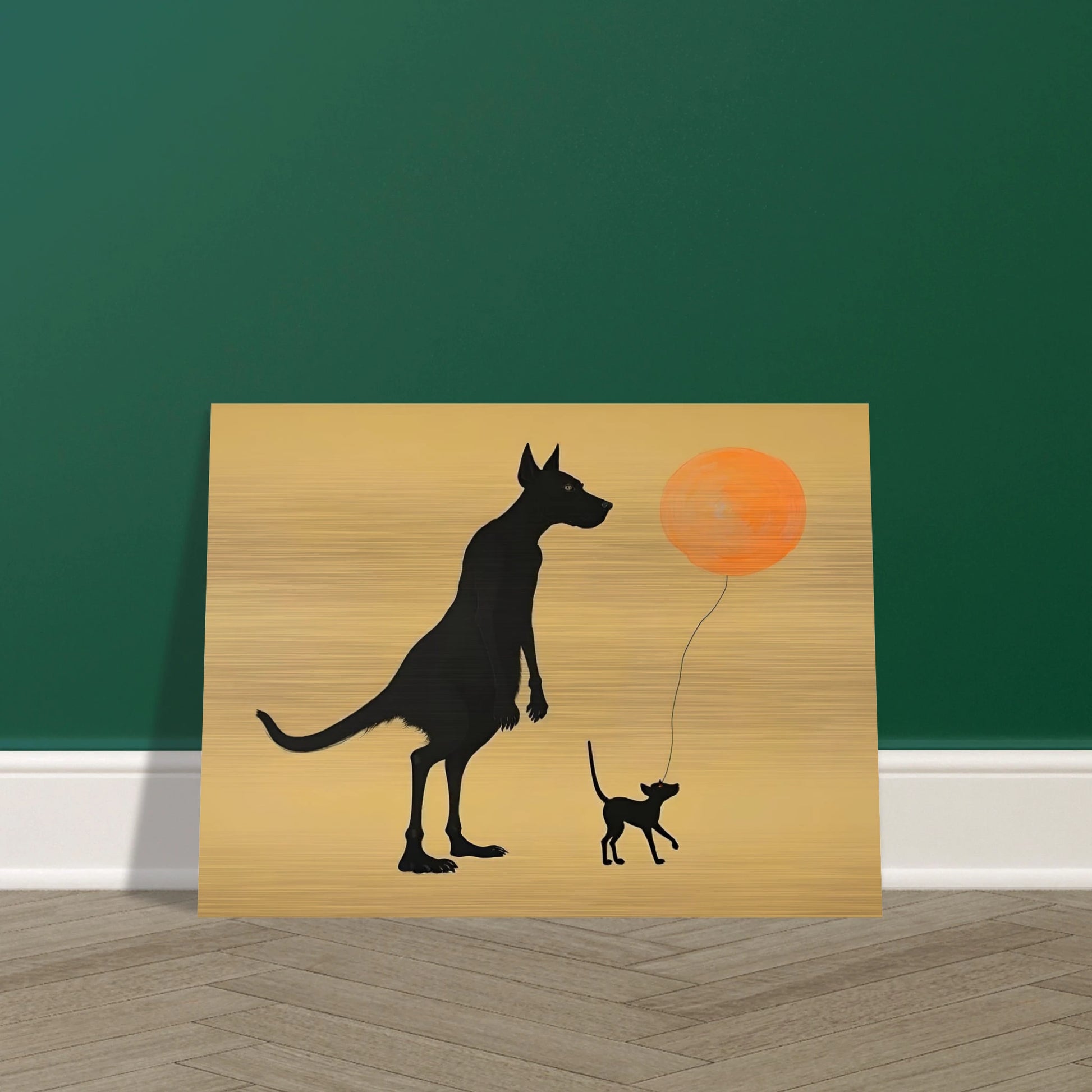 Two silhouetted dogs stand under a soft tan sky, one holding an orange balloon, capturing a playful moment of friendship.