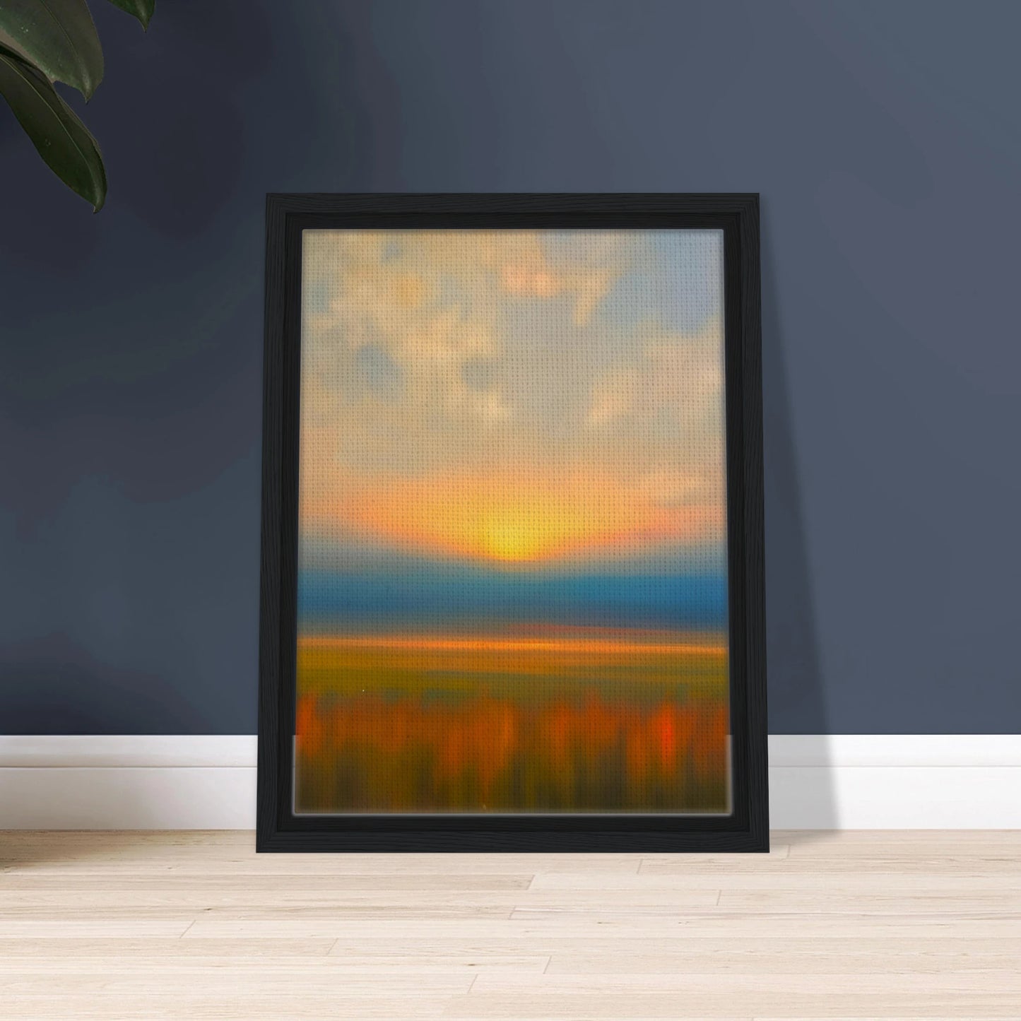 Golden sunset melts into blue horizon above blurred amber fields, creating a tranquil dreamscape of warmth and fading light.