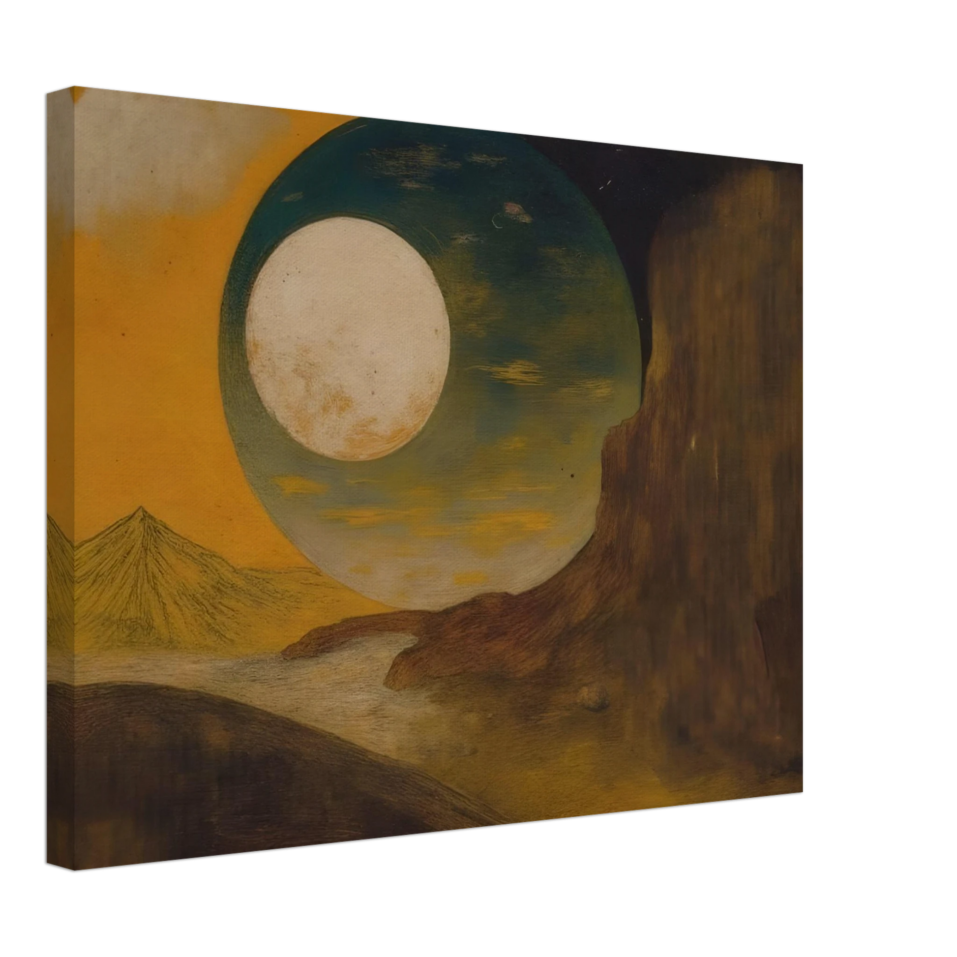 A glowing moon rises over desert cliffs, golden sky, distant pyramid, and shadowed hills.
