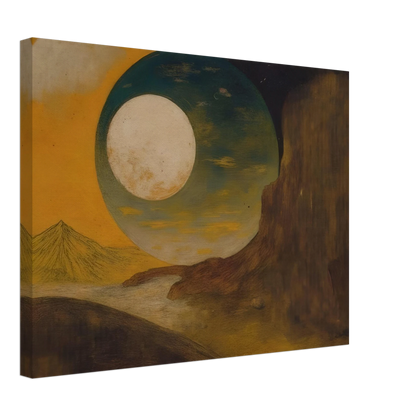 A glowing moon rises over desert cliffs, golden sky, distant pyramid, and shadowed hills.