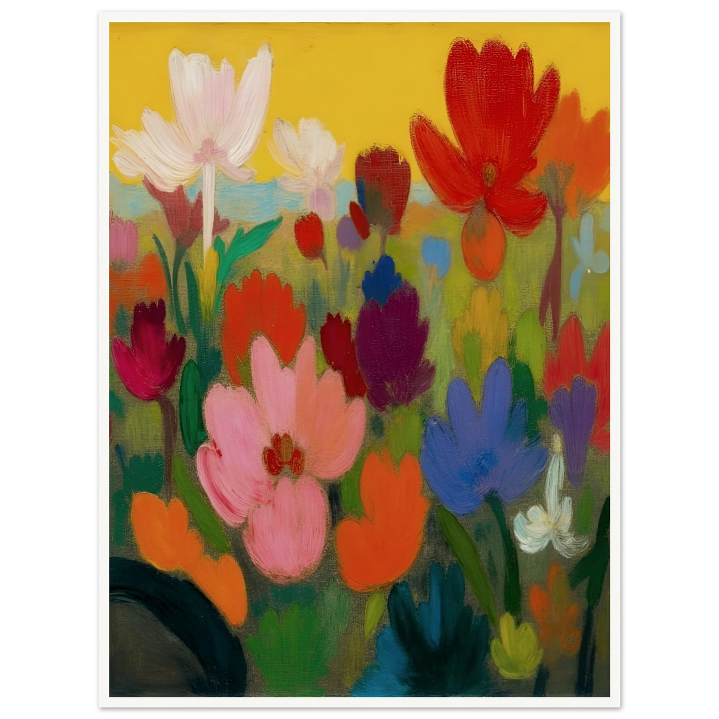 Bright flowers in red, pink, blue, and white rise from green stems against a golden yellow sky.