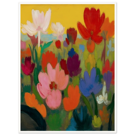 Bright flowers in red, pink, blue, and white rise from green stems against a golden yellow sky.