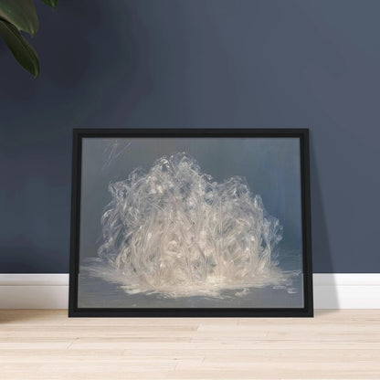 Luminous crystalline strands gather like frozen grass or glass fibers, glowing softly against a cool misty blue-gray expanse.