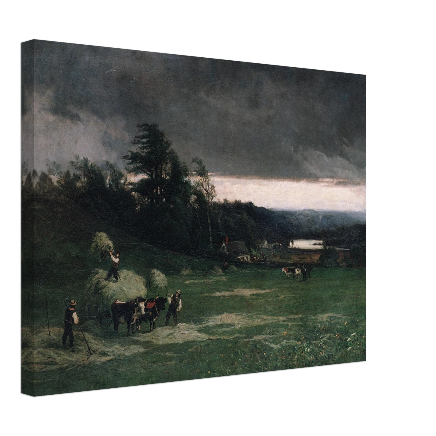 Workers gather hay in a green field under dark storm clouds