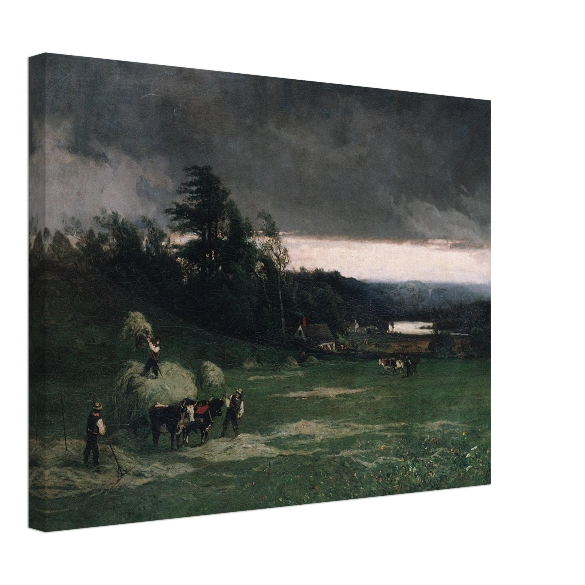 Workers gather hay in a green field under dark storm clouds