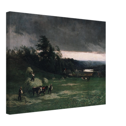 Workers gather hay in a green field under dark storm clouds