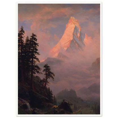 Sunlit Matterhorn rises above misty valleys, dark pine trees, and a small waterfall