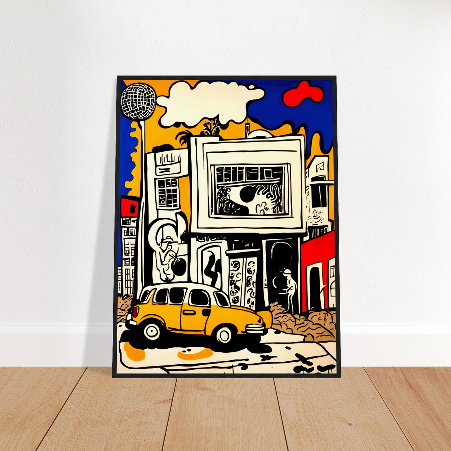 A vibrant city scene with a bold yellow car, abstract buildings, and dynamic urban elements in pop-art style with strong black outlines.