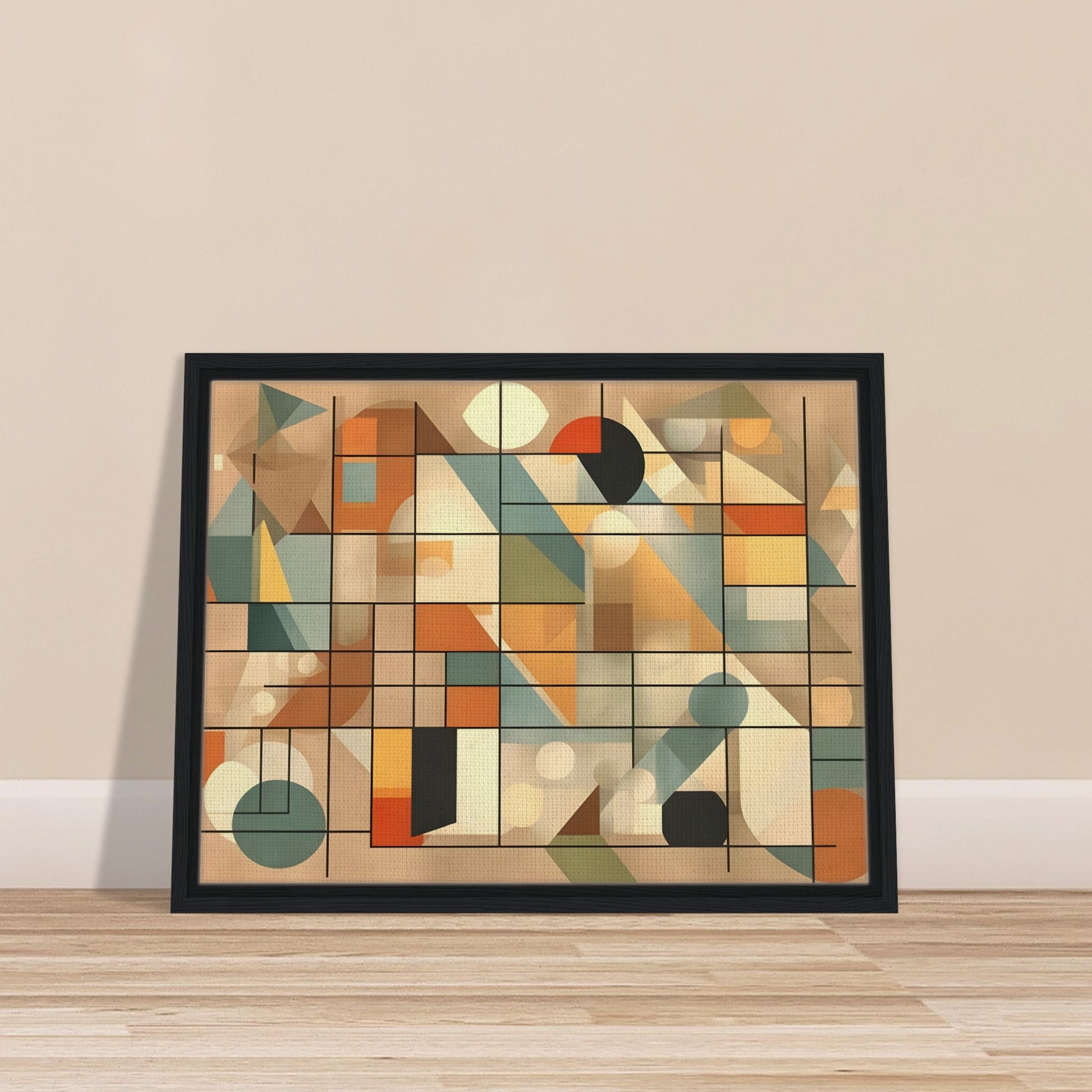 An abstract artwork with a geometric design, featuring intersecting lines, circles, triangles, and rectangles in soft shades of beige, orange, teal, and cream.